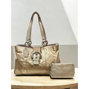 Coach F18751 Metallic Gold Soho Buckle Leather Carryall Bag & Soho Wristlet